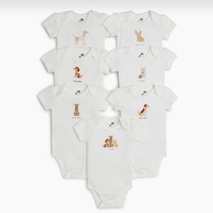 Set of 7 White Baby Onesies with Animal Prints